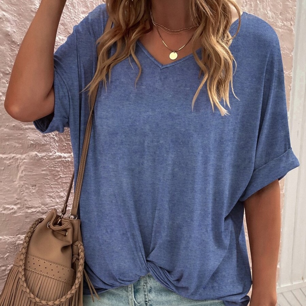 Cozy v neck Khaki Cuff Sleeve Oversized Casual Tee Top - Picture 7 of 11